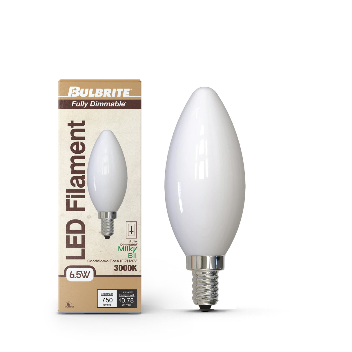 Bulbrite 862101 Bulbrite LED Filament Pack of (4) 6.5 Watt Dimmable B11 Light Bulb with Milky Glass Finish and Candelabra (E12) Base - 3000K (Soft White Light), 750 Lumens