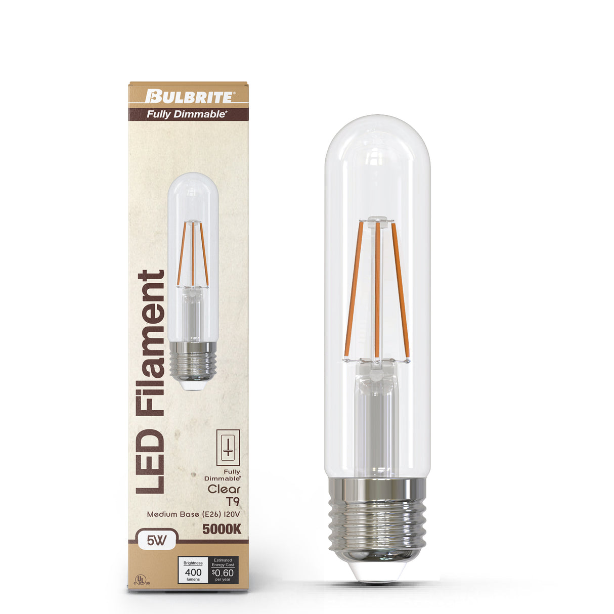 Bulbrite 862104 Bulbrite LED Filament Pack of (4) 5 Watt Dimmable T9 5” Light Bulb with Clear Glass Finish and Medium (E26) Base - 5000K (Soft Daylight Light), 400 Lumens