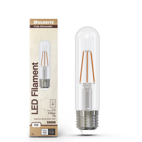 Bulbrite 862104 Bulbrite LED Filament Pack of (4) 5 Watt Dimmable T9 5” Light Bulb with Clear Glass Finish and Medium (E26) Base - 5000K (Soft Daylight Light), 400 Lumens