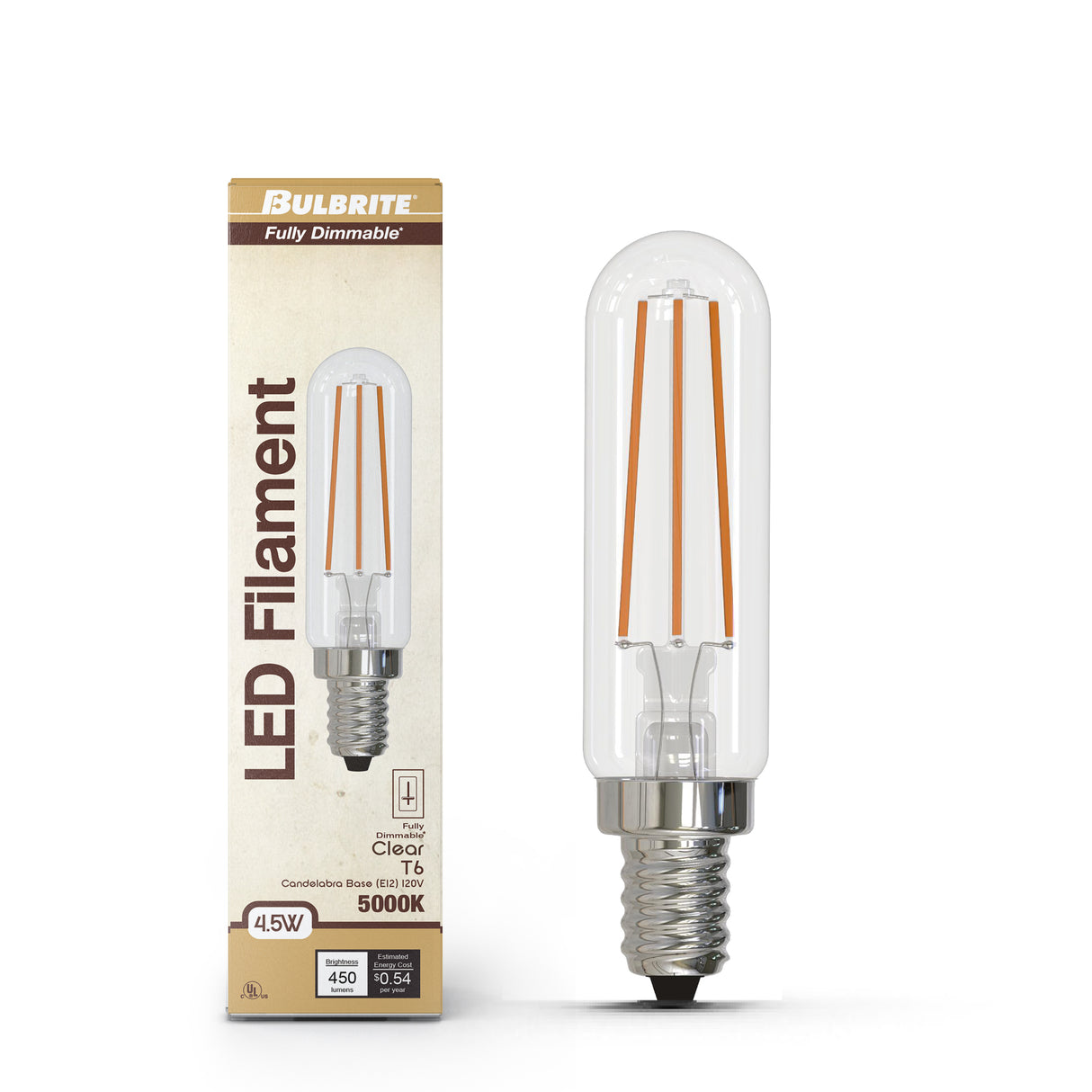 Bulbrite 862108 Bulbrite LED Filament Pack of (4) 4.5 Watt Dimmable T6 Light Bulb with Clear Glass Finish and Candelabra (E12) Base - 5000K (Soft Daylight Light), 450 Lumens