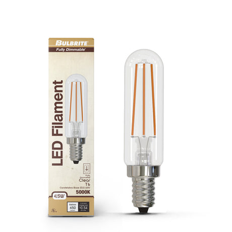 Bulbrite 862108 Bulbrite LED Filament Pack of (4) 4.5 Watt Dimmable T6 Light Bulb with Clear Glass Finish and Candelabra (E12) Base - 5000K (Soft Daylight Light), 450 Lumens