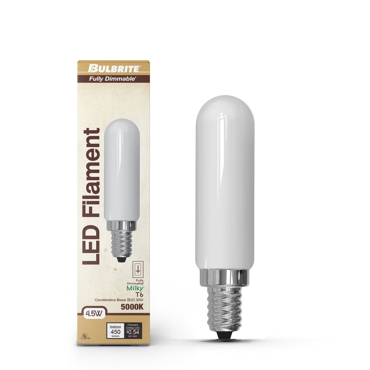 Bulbrite 862109 Bulbrite LED Filament Pack of (4) 4.5 Watt Dimmable T6 Light Bulb with Milky Glass Finish and Candelabra (E12) Base - 5000K (Soft Daylight Light), 450 Lumens