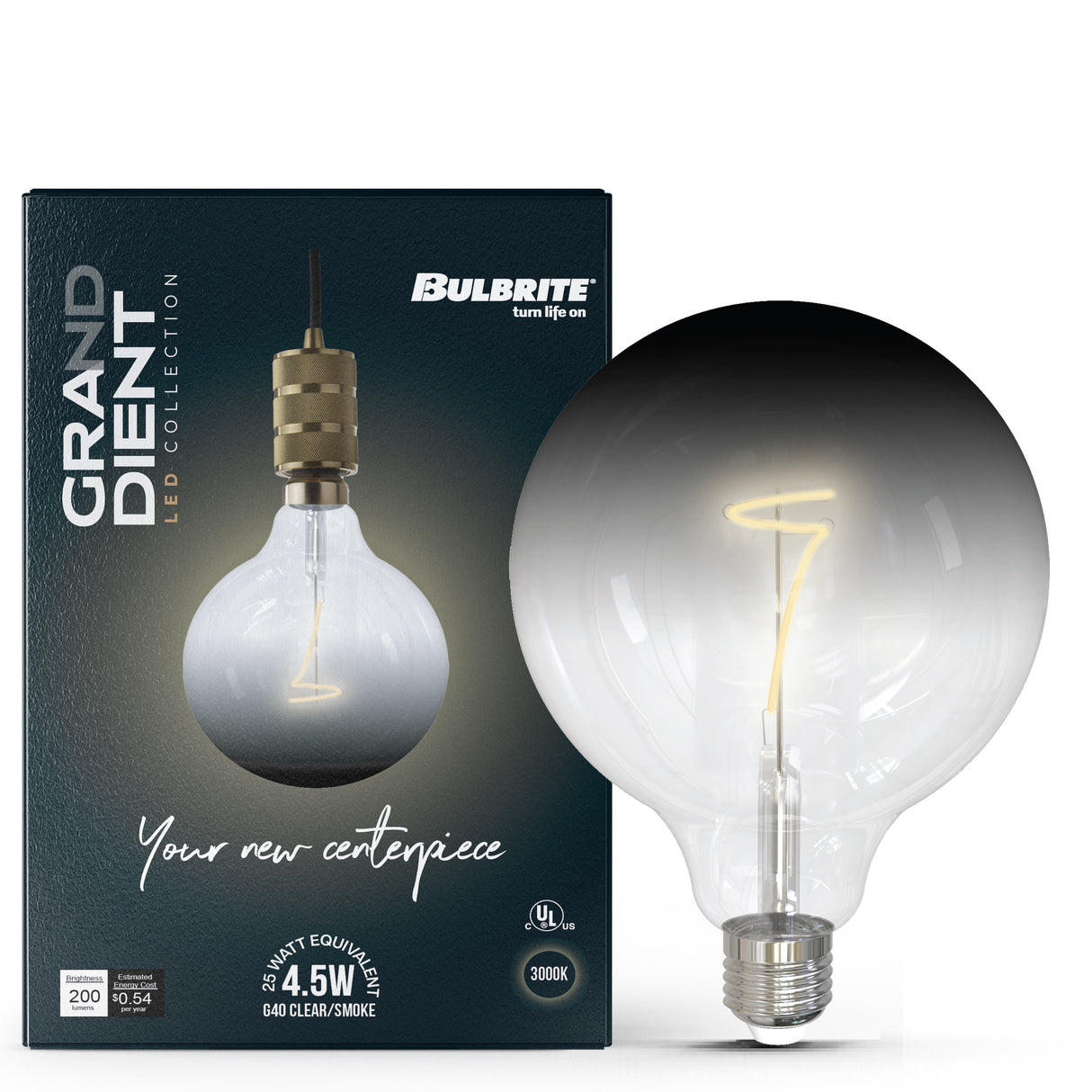 Bulbrite 862110 Bulbrite LED Filament Pack of (2) 4.5 Watt Dimmable G40 Light Bulb with Clear/Smoke Glass Finish and Medium (E26) Base - 3000K (Soft White Light), 200 Lumens