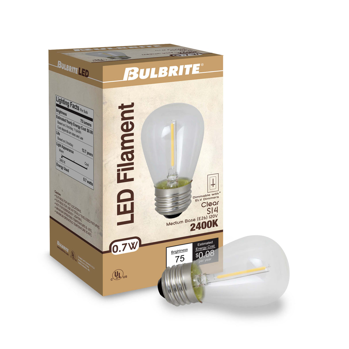 Bulbrite 862742 Bulbrite LED Filament Pack of (10) 1 Watt Dimmable S14 Light Bulbs with Clear Plastic Finish and Medium (E26) Base - 2700K (Warm White Light), 70 Lumens
