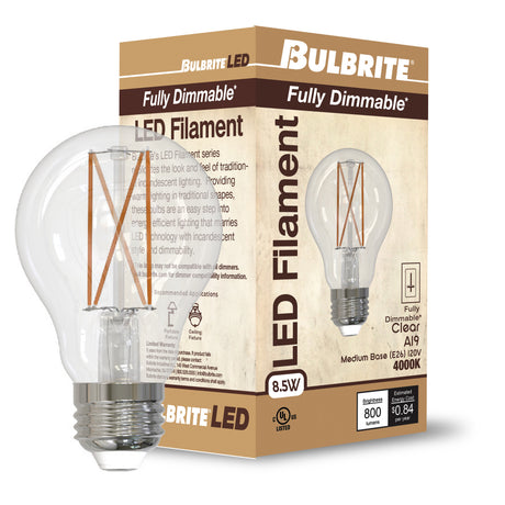 Bulbrite 862071 Bulbrite LED Filament Pack of (4) 8.5 Watt Dimmable A19 Light Bulb with Clear Glass Finish and Medium (E26) Base - 5000K (Soft Daylight Light), 800 Lumens