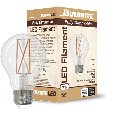 Bulbrite 862302 Bulbrite LED Filament Pack of (4) 9 Watt Dimmable A19 Light Bulb with Clear Glass Finish and Medium (E26) Base - 4000K (Cool White Light), 1100 Lumens