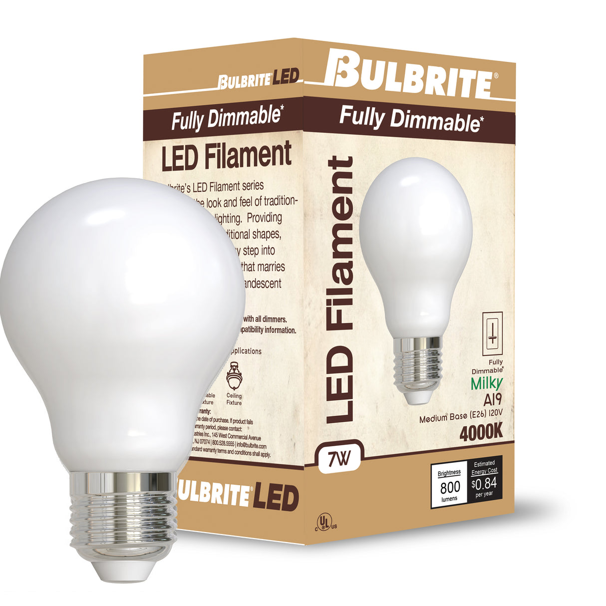 Bulbrite 862304 7W LED A19 Light Bulb 4000K Dimmable E26 800 Lumens 120V 4PK