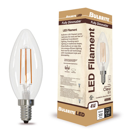 Bulbrite 862306 Bulbrite LED Filament Pack of (4) 4 Watt Dimmable B11 Light Bulb with Clear Glass Finish and Candelabra (E12) Base - 4000K (Cool White Light), 300 Lumens