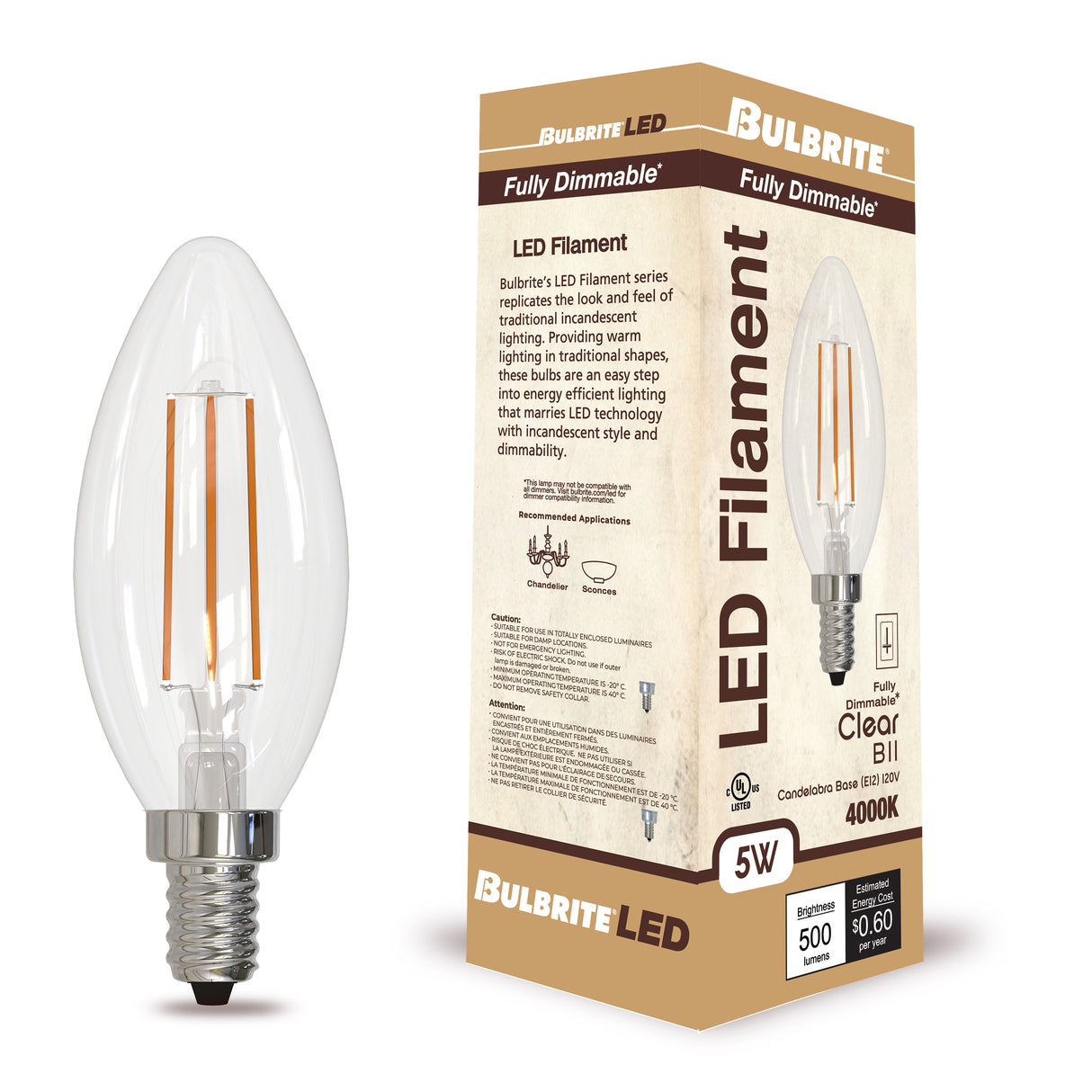 Bulbrite 862307 Bulbrite LED Filament Pack of (4) 5 Watt Dimmable B11 Light Bulb with Clear Glass Finish and Candelabra (E12) Base - 4000K (Cool White Light), 500 Lumens