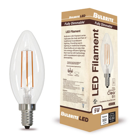 Bulbrite 862307 Bulbrite LED Filament Pack of (4) 5 Watt Dimmable B11 Light Bulb with Clear Glass Finish and Candelabra (E12) Base - 4000K (Cool White Light), 500 Lumens