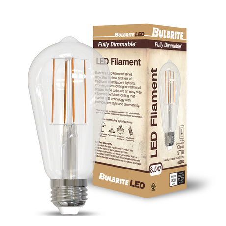 Bulbrite 862311 8.5W LED ST18 Light Bulb 4000K Dimmable E26 800 Lumens 120V 4PK