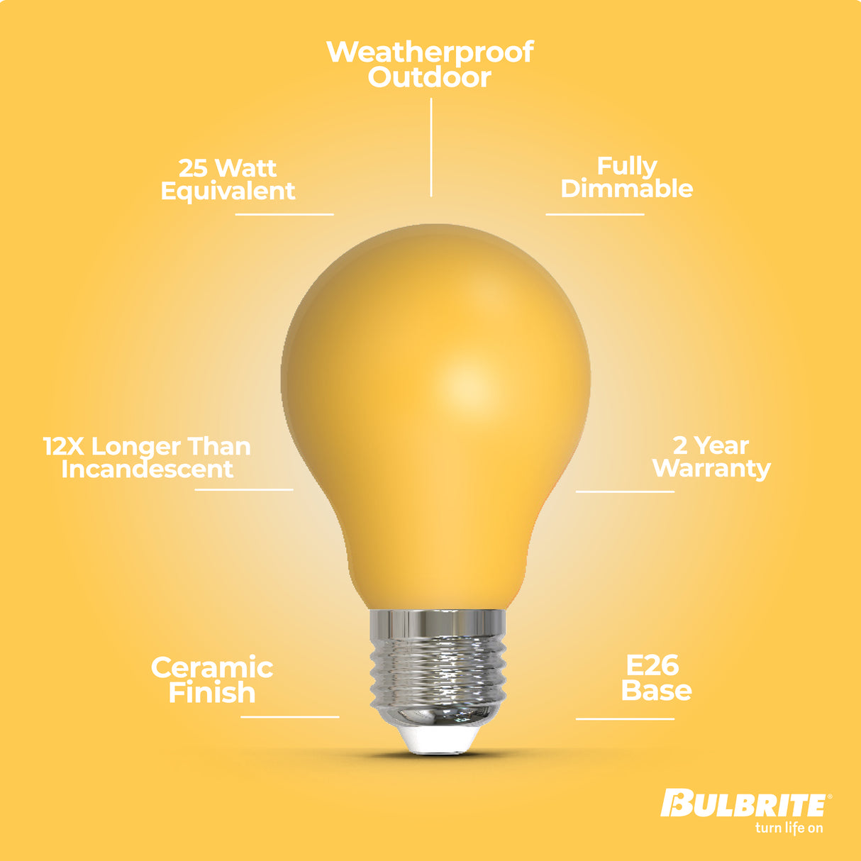 Bulbrite 862314 25-Watt Equivalent Ceramic Yellow Color A19 Weatherproof Outdoor E26 Medium Base LED Light Bulb