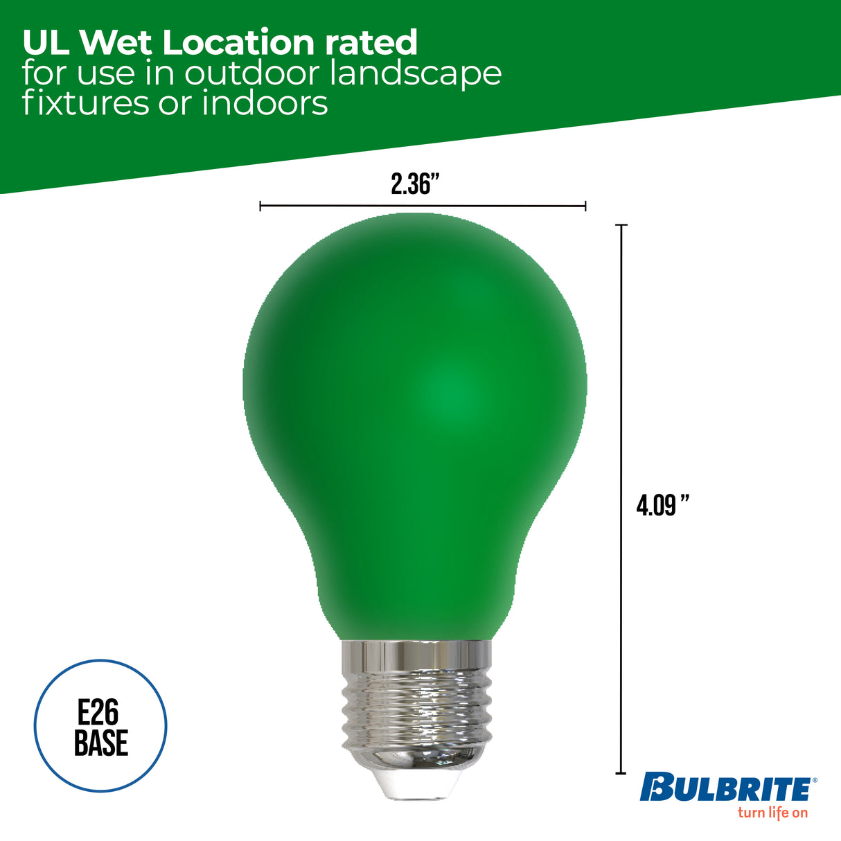 Bulbrite 862315 25-Watt Equivalent Ceramic Green Color A19 Weatherproof Outdoor E26 Medium Base LED Light Bulb