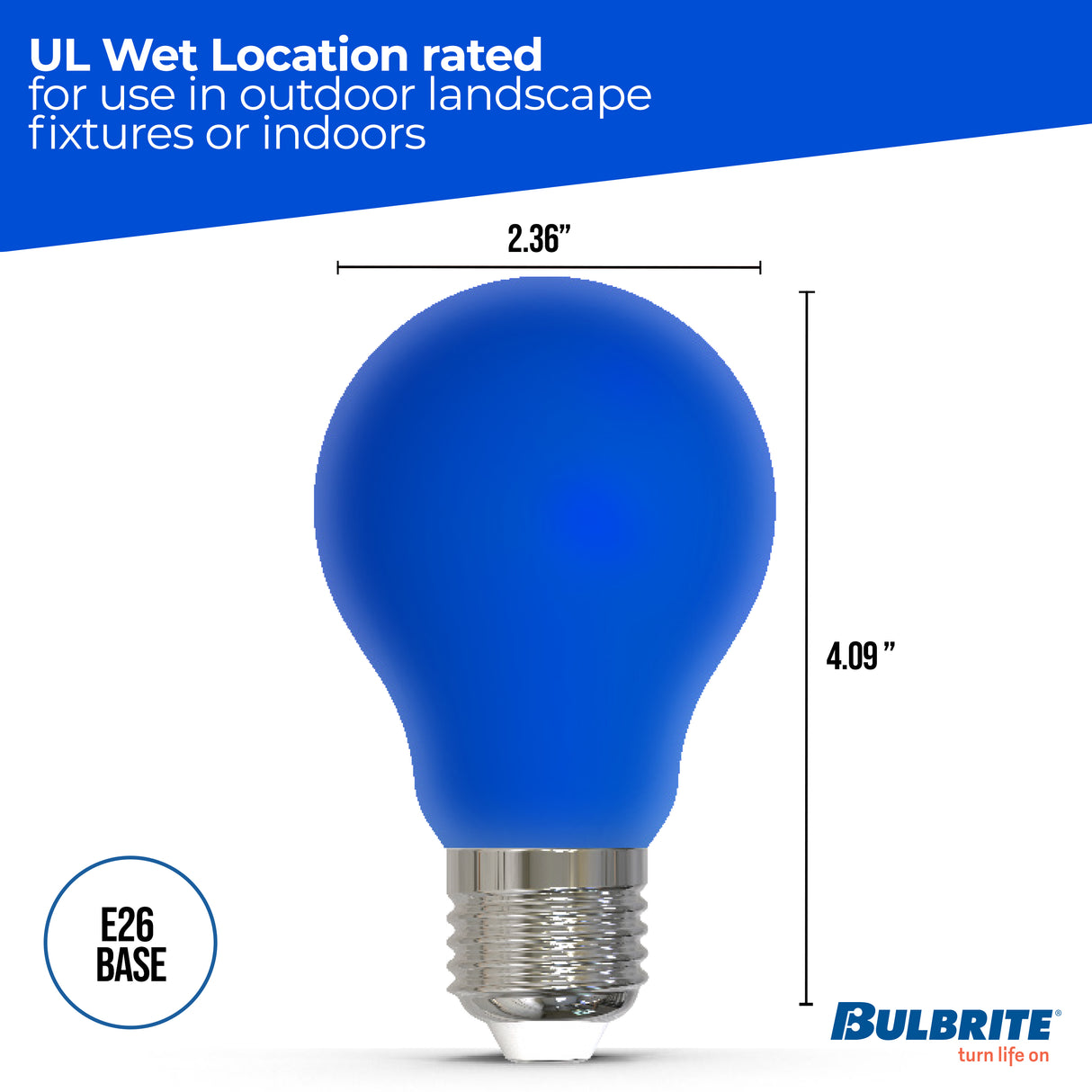 Bulbrite 862316 25-Watt Equivalent Ceramic Blue Color A19 Weatherproof Outdoor E26 Medium Base LED Light Bulb