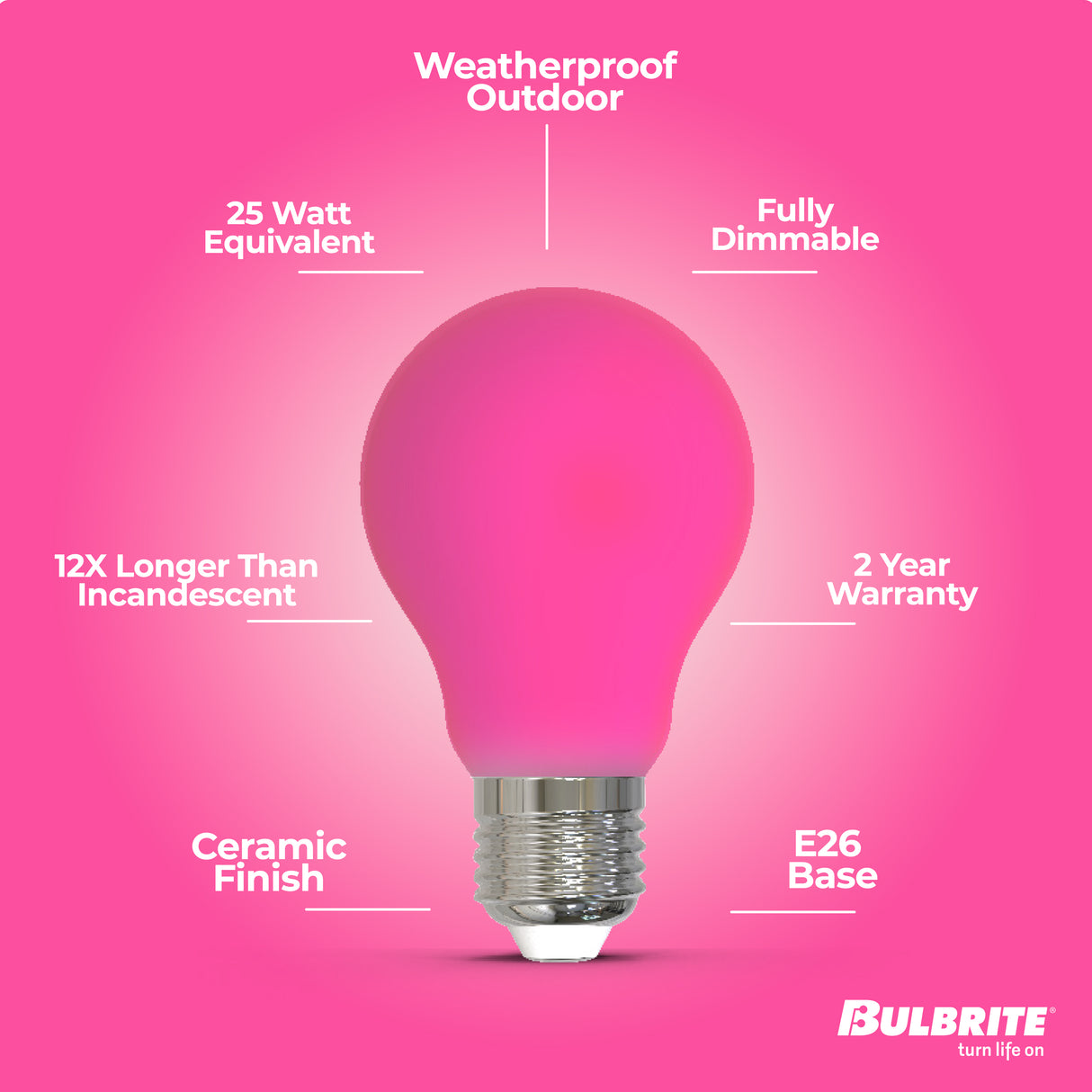 Bulbrite 862317 25-Watt Equivalent Ceramic Pink Color A19 Weatherproof Outdoor E26 Medium Base 
LED Light Bulb