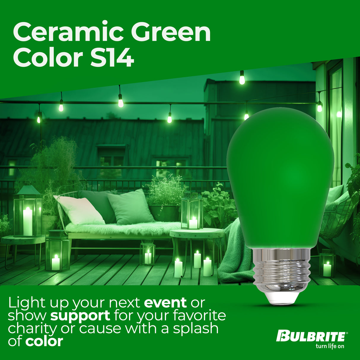 Bulbrite 862321 25-Watt Equivalent Ceramic Green Color S14 Weatherproof Outdoor E26 Medium Base 
LED Light Bulb