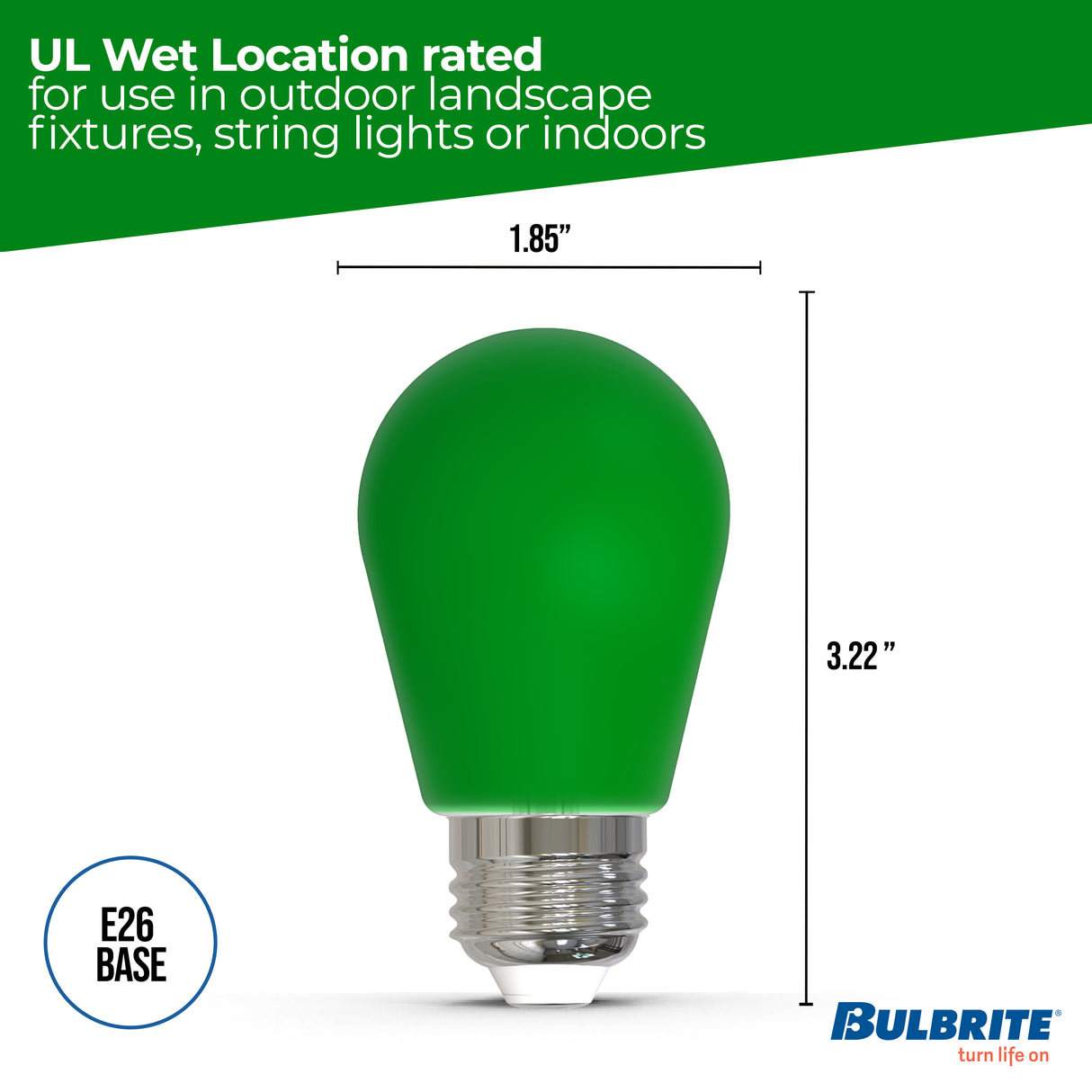 Bulbrite 862321 25-Watt Equivalent Ceramic Green Color S14 Weatherproof Outdoor E26 Medium Base 
LED Light Bulb