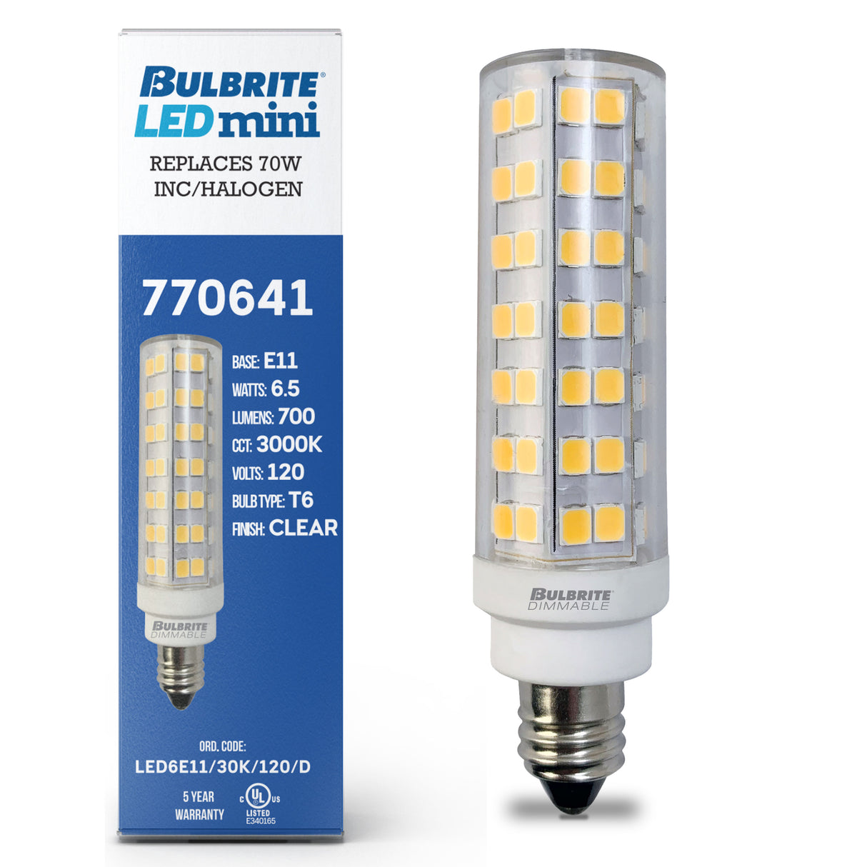 Bulbrite 862641 6.5W LED T6 Light Bulb 3000K Dimmable E11 700 Lumens 120V 2PK