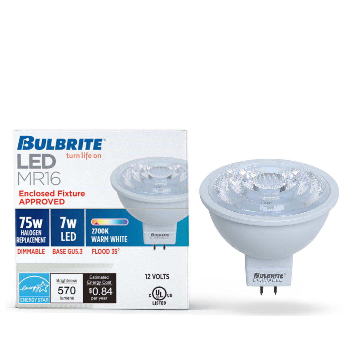 Bulbrite 862947 LED 7 Watt MR16 Light Bulb with a GU5.3 Base - 2700K (Warm White Light) 570 Lumens-4PK