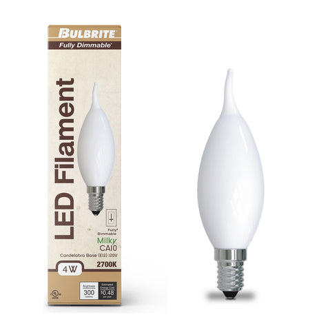 Bulbrite 862690 Bulbrite LED Filament Pack of (4) 4.5 Watt Dimmable CA10 Light Bulb with a Milky Finish and Candelabra Screw (E12) Base - 3000K (Soft White Light), 400 Lumens