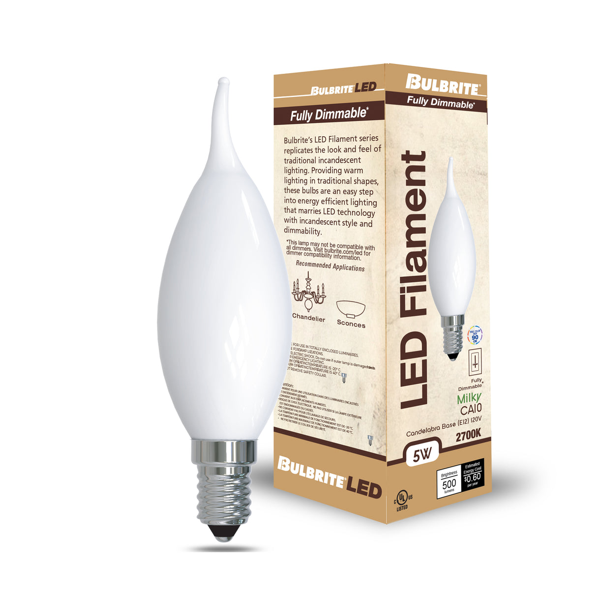 Bulbrite 862691 Bulbrite Pack of (4) 5 Watt Dimmable CA10 LED Light Bulbs with Milky Glass Finish and Candelabra (E12) Base, 2700K Warm White Light, 500 Lumens