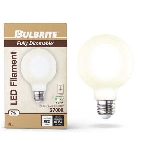 Bulbrite 862697 Bulbrite LED Filament Pack of (2) 8.5 Watt Dimmable G25 Light Bulb with a Milky Finish and Medium Screw (E26) Base - 3000K (Soft White Light), 800 Lumens