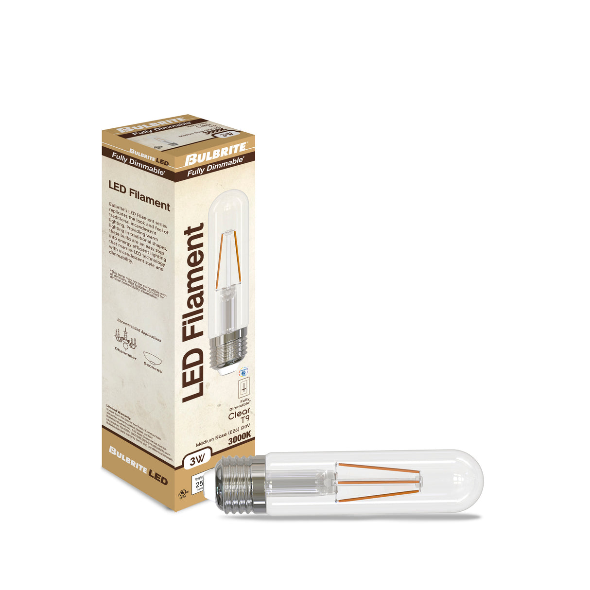 Bulbrite 862700 Bulbrite Pack of (2) 3 Watt Dimmable Clear Filament T9 Medium (E26) LED Light Bulb - 250 Lumens, 3000K