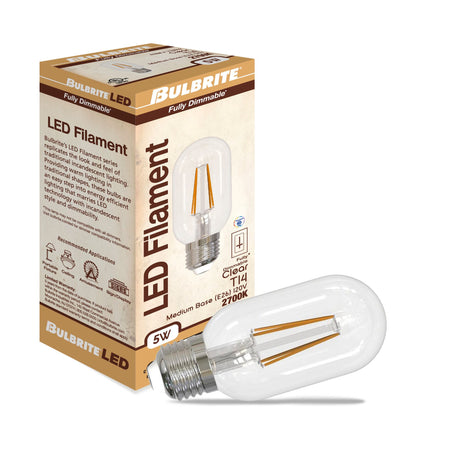 Bulbrite 862702 Bulbrite Pack of (4) 5 Watt Dimmable Clear Filament T14 Medium (E26) LED Light Bulb - 450 Lumens, 2700K