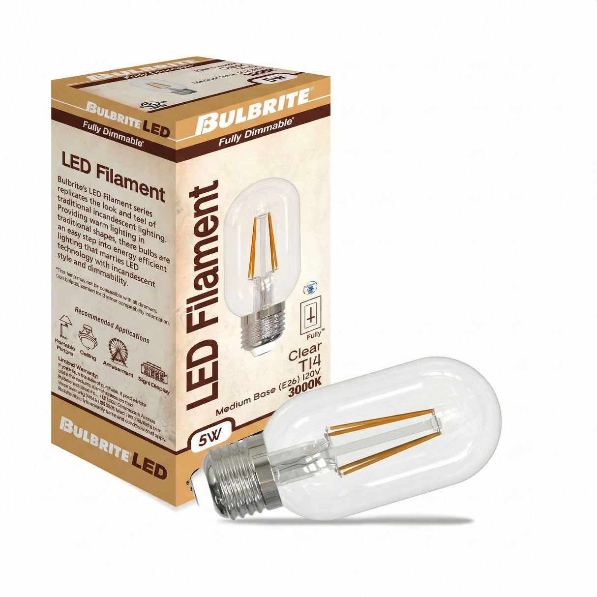 Bulbrite 862703 Bulbrite LED Filament Pack of (4) 5 Watt Dimmable T14 Light Bulb with a Clear Finish and Medium Screw (E26) Base - 3000K (Soft White Light), 450 Lumens