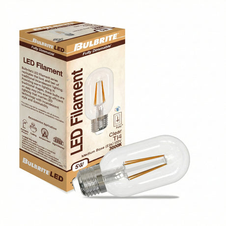 Bulbrite 862703 Bulbrite LED Filament Pack of (4) 5 Watt Dimmable T14 Light Bulb with a Clear Finish and Medium Screw (E26) Base - 3000K (Soft White Light), 450 Lumens