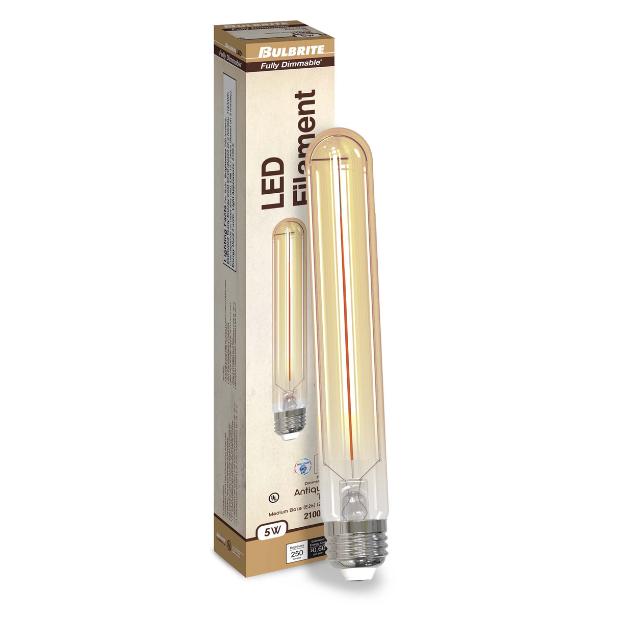 Bulbrite 862770 Bulbrite LED Filament Pack of (4) 5 Watt Dimmable 7.5 Inch T9 Light Bulb with Antique Glass Finish and Medium (E26) Base - 2100K (Amber Light), 250 Lumens