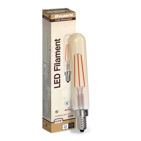 Bulbrite 862780 Bulbrite LED Filament Pack of (4) 5 Watt Dimmable T8 Light Bulb with Antique Glass Finish and Candelabra (E12) Base - 2100K (Amber Light), 450 Lumens