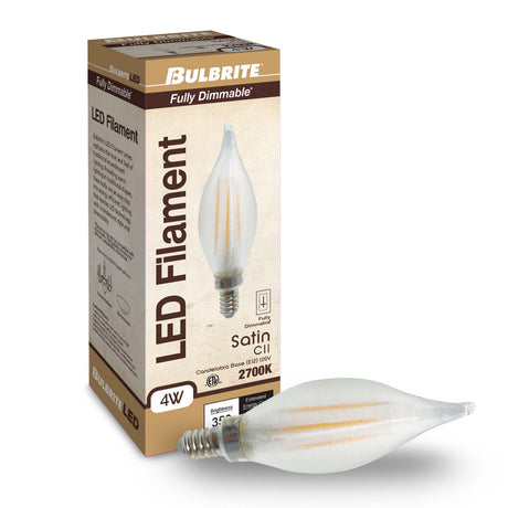 Bulbrite 862785 Bulbrite Spunlite Pack of (4) 4 Watt Dimmable C11 LED Filament Light Bulb with Satin Glass Finish and Candelabra (E12) Base - 2700K (Warm White Light), 350 Lumens