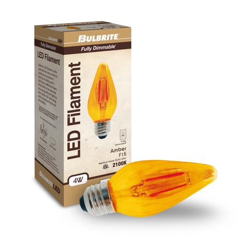 Bulbrite 862790 Bulbrite Fiesta Pack of (4) 4 Watt Dimmable F15 LED Filament Light Bulb with Amber Glass Finish and Medium (E26) Base - 2100K (Amber Light), 280 Lumens