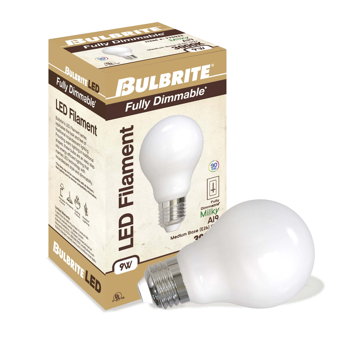 Bulbrite 862830 Bulbrite LED Filament Pack of (4) 9 Watt Dimmable A19 Light Bulb with Milky Glass Finish and Medium (E26) Base - 3000K (Soft White Light), 1100 Lumens