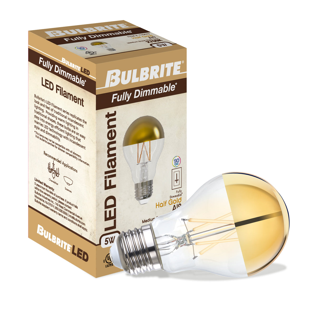 Bulbrite 862840 Bulbrite LED Filament Pack of (4) 5 Watt Dimmable A19 Light Bulb with Half Gold Glass Finish and Medium (E26) Base - 2700K (Warm White Light), 400 Lumens