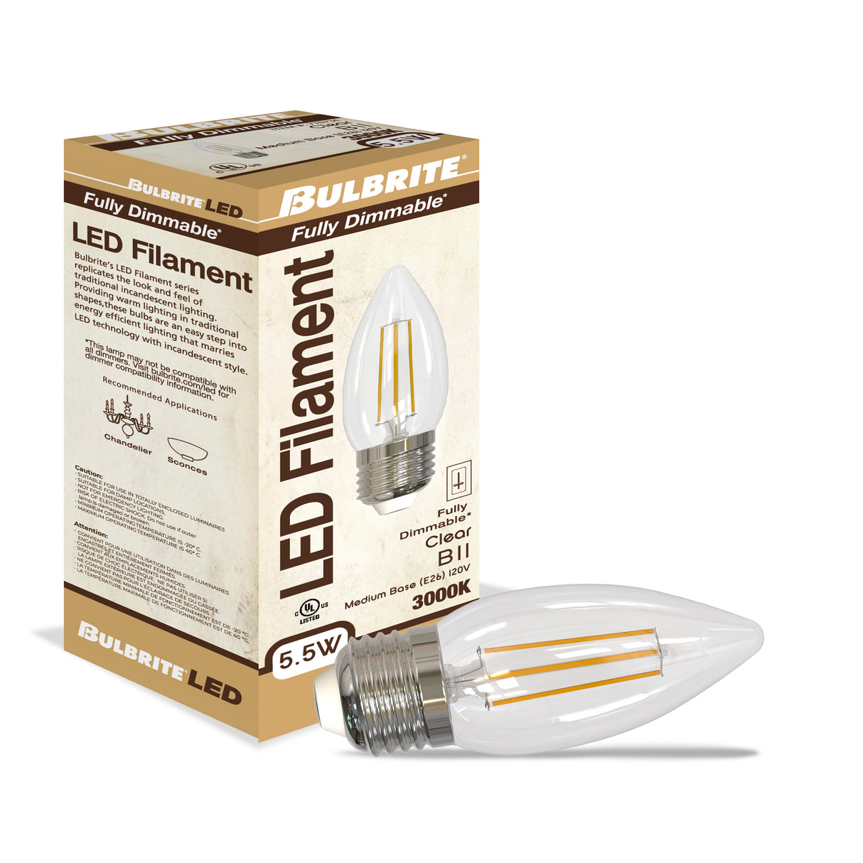 Bulbrite 862934 Bulbrite LED 5.5 Watt Dimmable B11 Light Bulb with a Clear Finish and a Medium Screw E26 - 3000K (Soft White Light) 500 lumens
