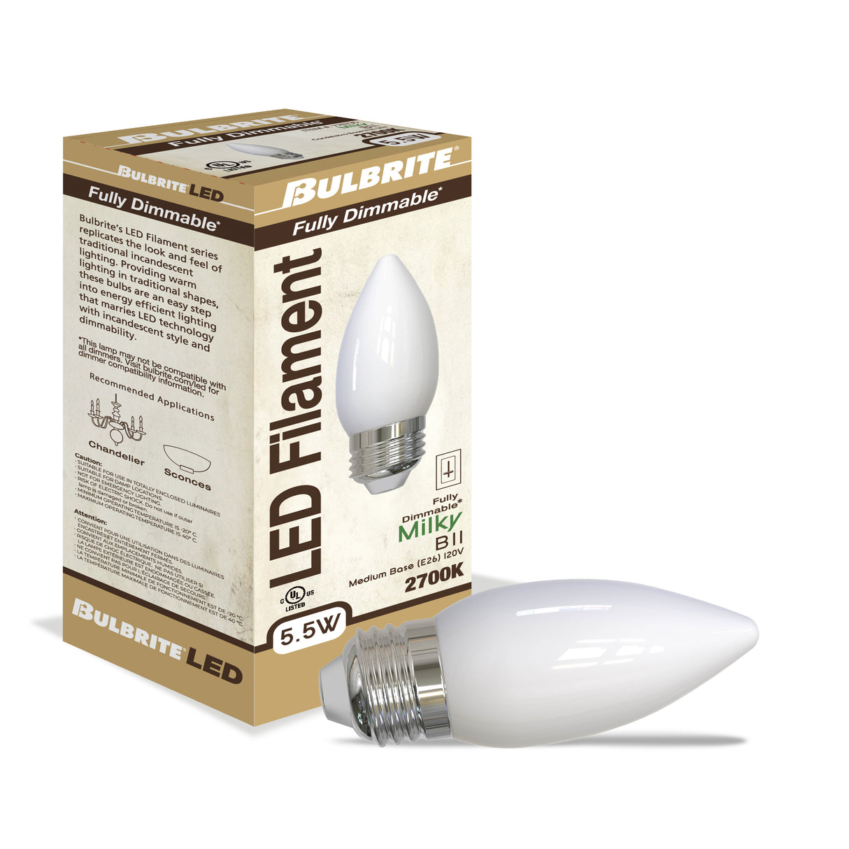 Bulbrite 862844 Bulbrite LED Filament Pack of (4) 5.5 Watt Dimmable B11 Light Bulbs with Milky Finish and Medium (E26) Base - 2700K (Warm White Light), 500 Lumens
