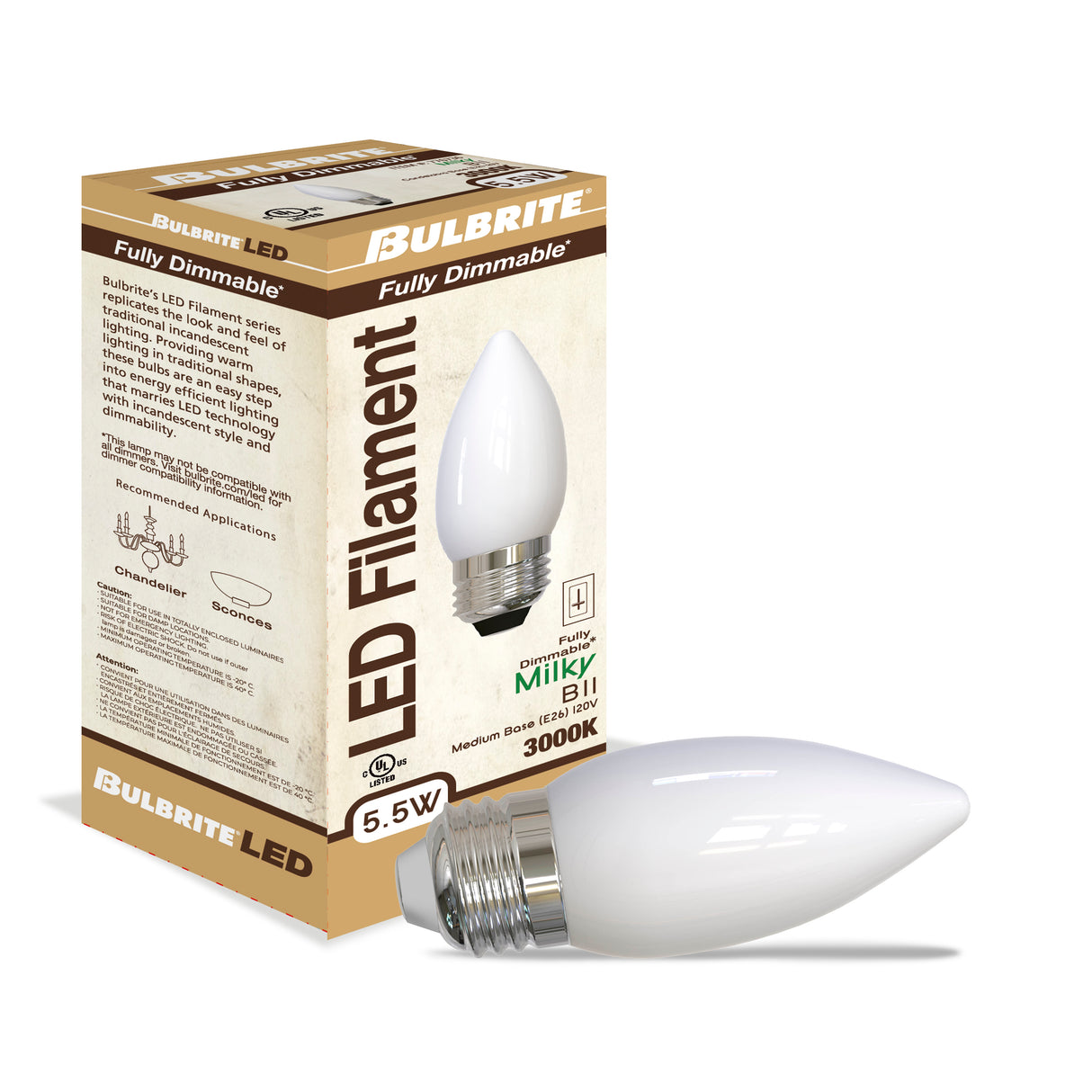Bulbrite 862935 Bulbrite LED 5.5 Watt Dimmable B11 Light Bulb with a Milky Finish and a Medium Screw E26 - 3000K (Soft White Light) 500 lumens