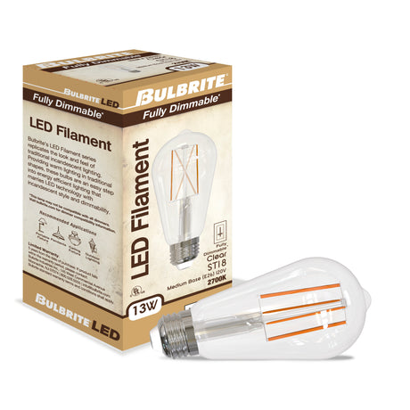 Bulbrite 862849 Bulbrite LED Filament Pack of (4) 13 Watt Dimmable ST18 Light Bulbs with a Clear Finish and Medium (E26) Base - 3000K (Soft White Light), 1400 Lumens