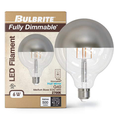 Bulbrite 862880 Bulbrite LED Filament Pack of (4) 6 Watt Dimmable G40 Light Bulbs with a Half Mirror Finish and Medium (E26) Base - 2700K (Warm White Light), 500 Lumens
