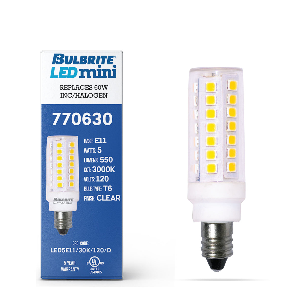 Bulbrite 862917 Bulbrite LED 5 Watt Dimmable T6 Light Bulb with a Forst Finish and a Mini-Candelabra Screw E11 - 3000K (Soft White Light) 550 lumens