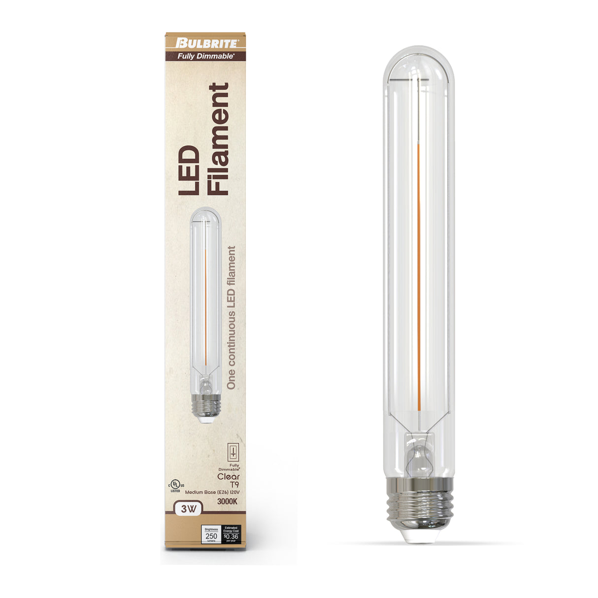 Bulbrite 862928 Bulbrite LED 3 Watt Dimmable T9 7.5‘’ Light Bulb with a Clear Finish and a Medium Screw E26 - 3000K (Soft White Light) 250 lumens
