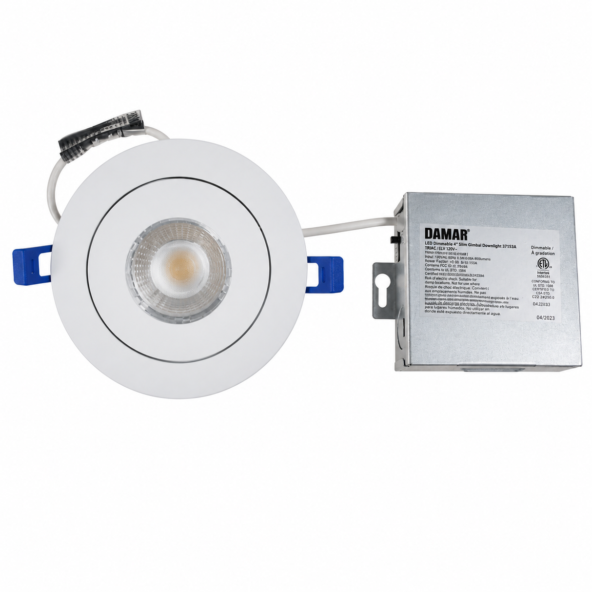 DAMAR 37353A LED9W/4IN/SLIM/GIMBAL/5CCT 9W 4IN LED Gimbal Downlight 27K/30K/35K/40K/50K Dimmable White Finish 120V