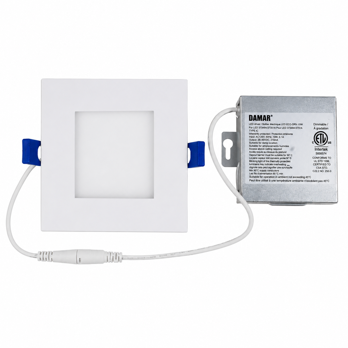 DAMAR 37351A LED10W/SQUARE/4IN/SLIM/JBOX 10W 4IN LED Square Downlight 27K/30K/35K/40K/50K Dimmable White Finish 120V