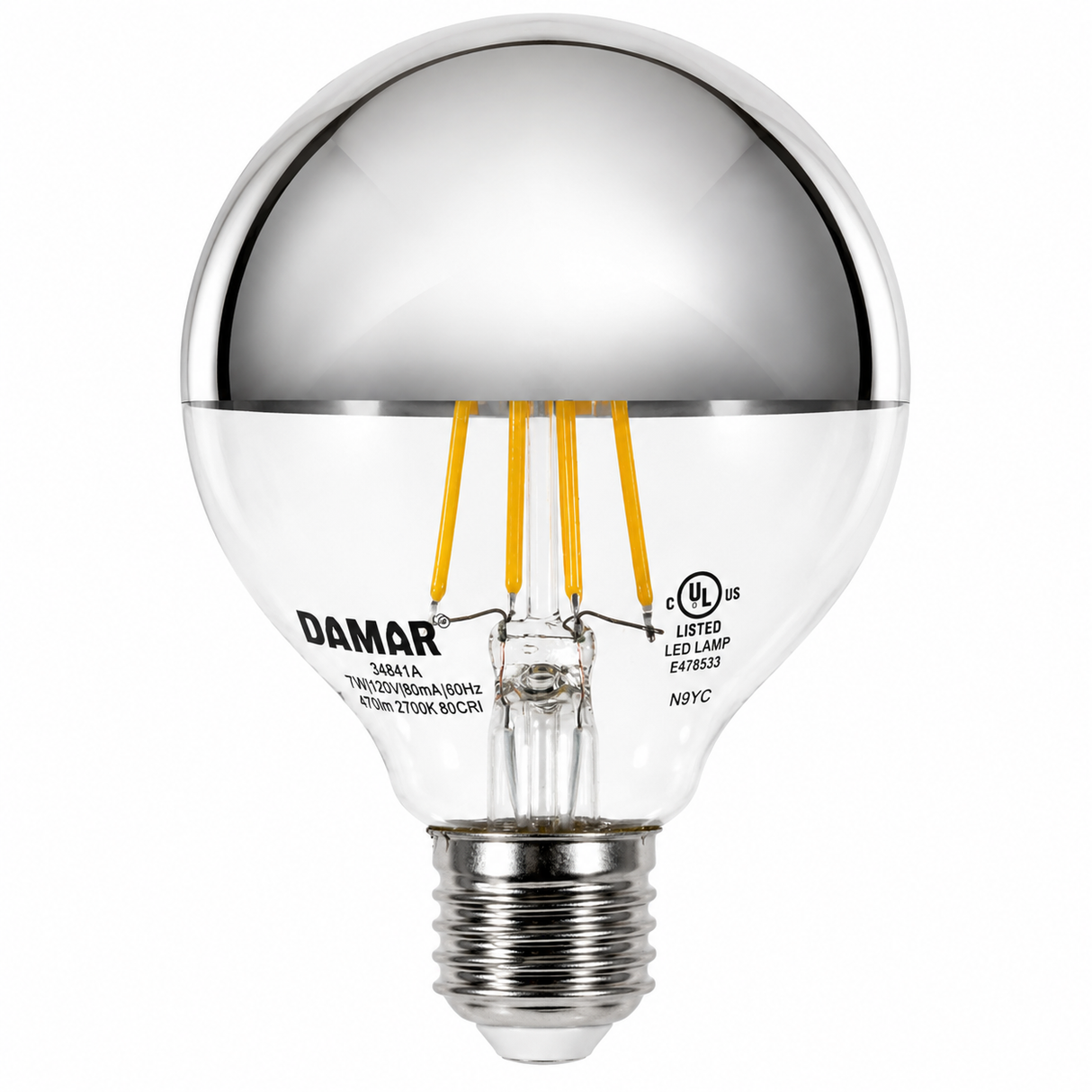 DAMAR 34641A LED7G25/CL/SB/FIL/27K/D 7W G25 LED Globe Filament Clear Finish Silver Bowl Dimmable 120V