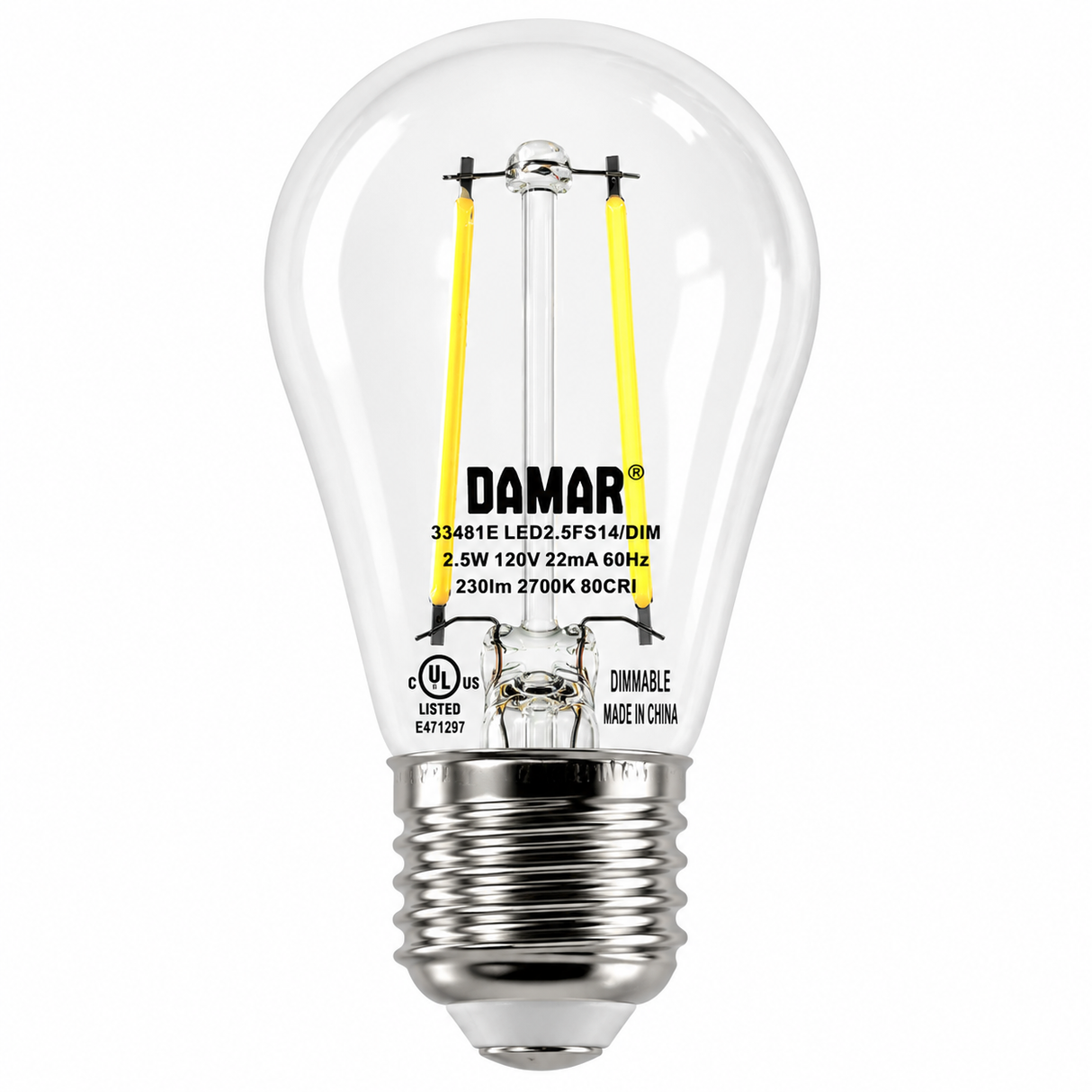 DAMAR 33481E LED2.5S14/27K/D 2.5W S14 Filament LED Light Bulb 2700K Dimmable 120V
