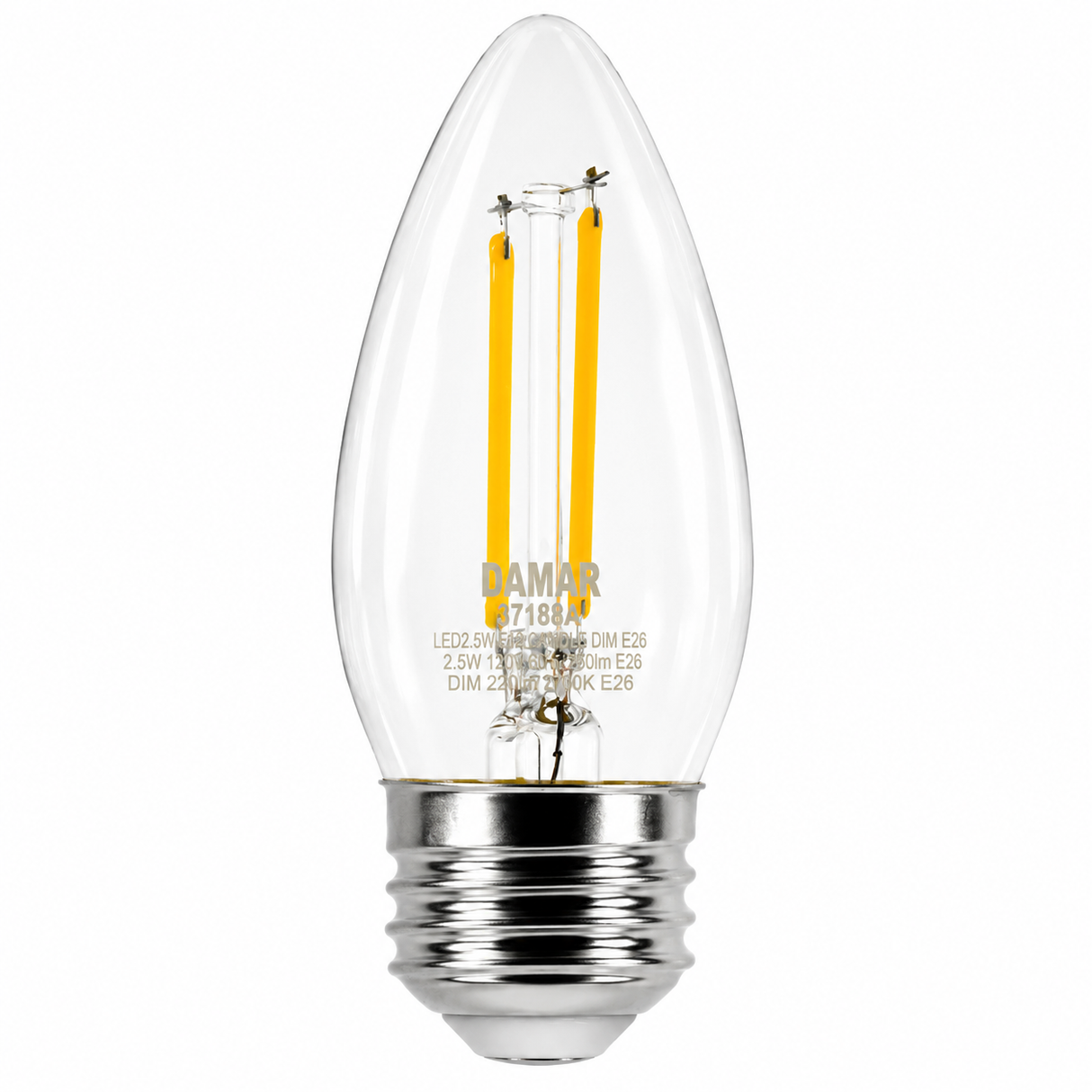 DAMAR 37188A LED2.5W/ETC/FIL/27K/DIM 2.5W B11 ETC Filament LED Light Bulb 2700K Dimmable E26 Base 120V