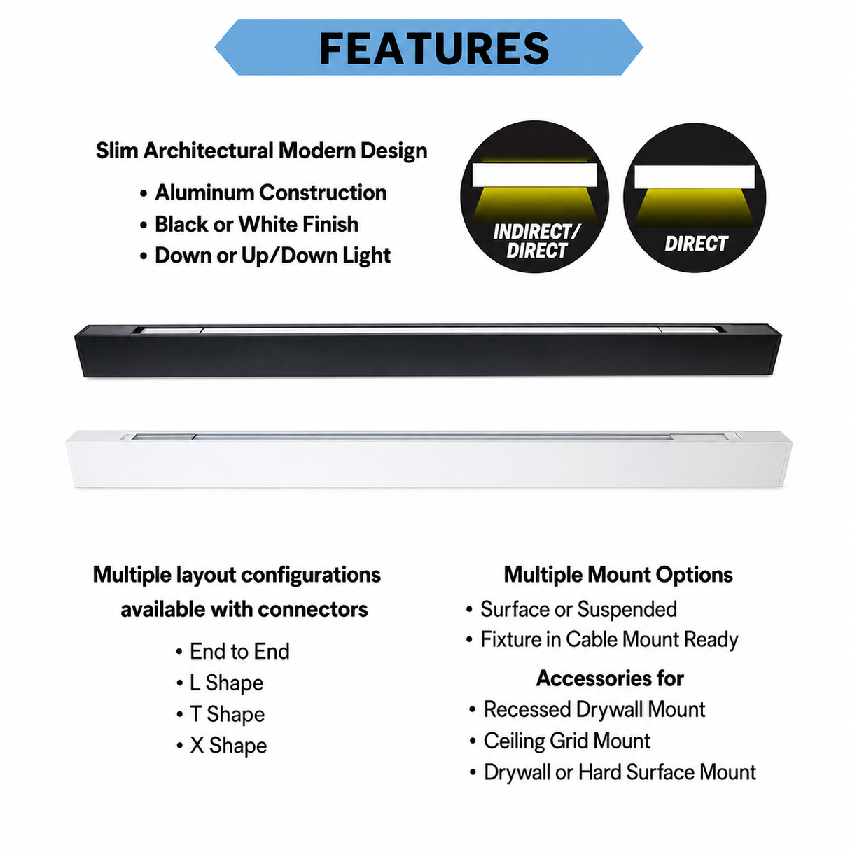Topaz T77052 LSA4P-50PCS-BL 30/40/50W 4ft LED Linear Architectural Downlight or Up/Downlight 3500K/4000K/5000K 120-277V