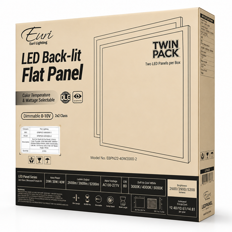Euri EBPN22-40WS2000-2 20W/30W/40W 2x2-Ft Backlit LED Panel 3000K/4000K/5000K 100-277V